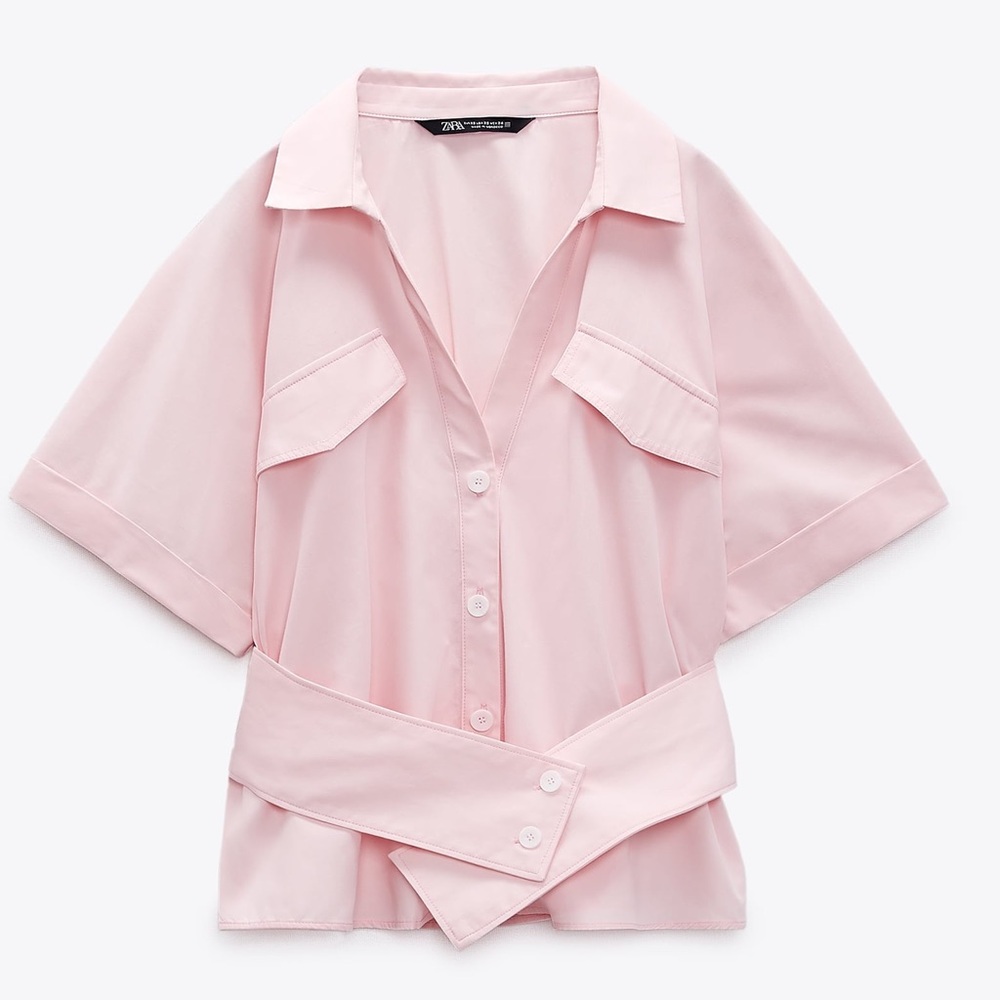 Zara SMALL Pink Shirt with Belt Button Down 3336/255/620